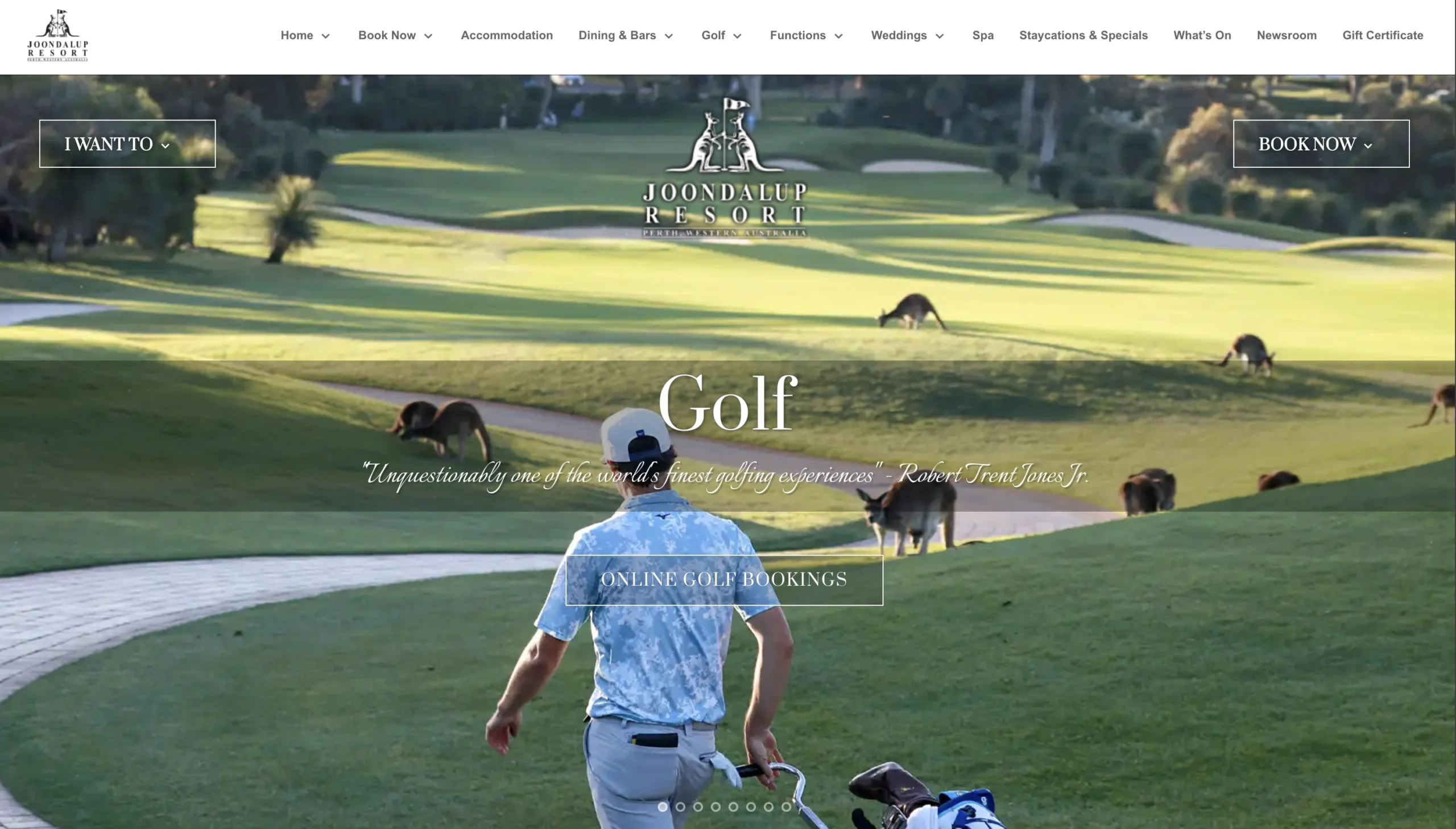 Joondalup Resort golf website section showing course and golf experience information