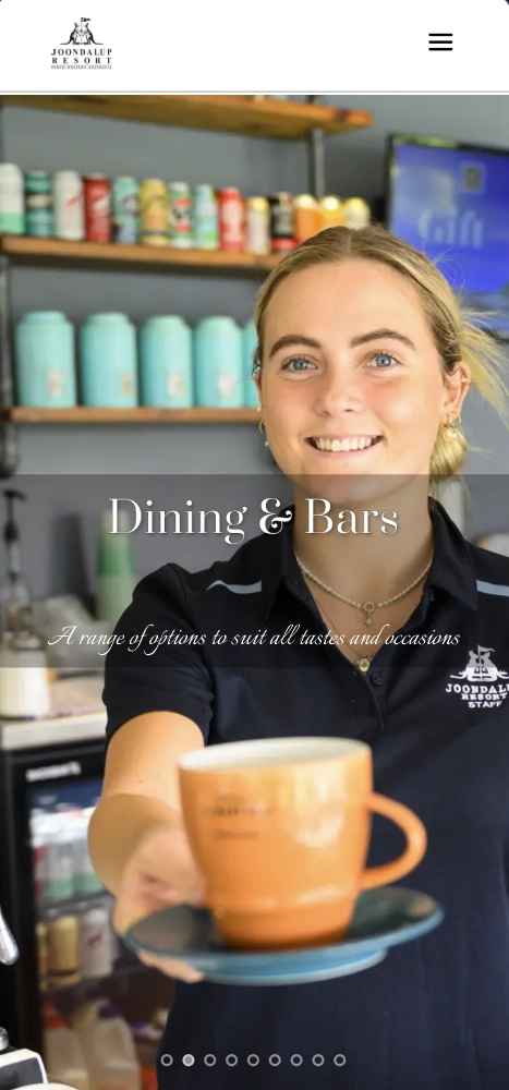 Joondalup Resort mobile website layout showing responsive navigation and resort information